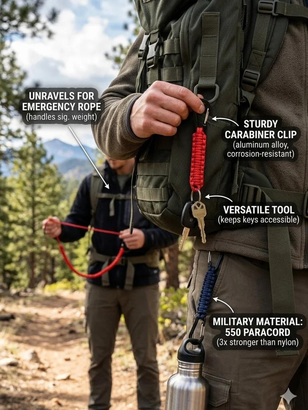 🍎2 New Outdoor Carabiner Military Paracord Rope Keychain Braided Lanyard Hanger